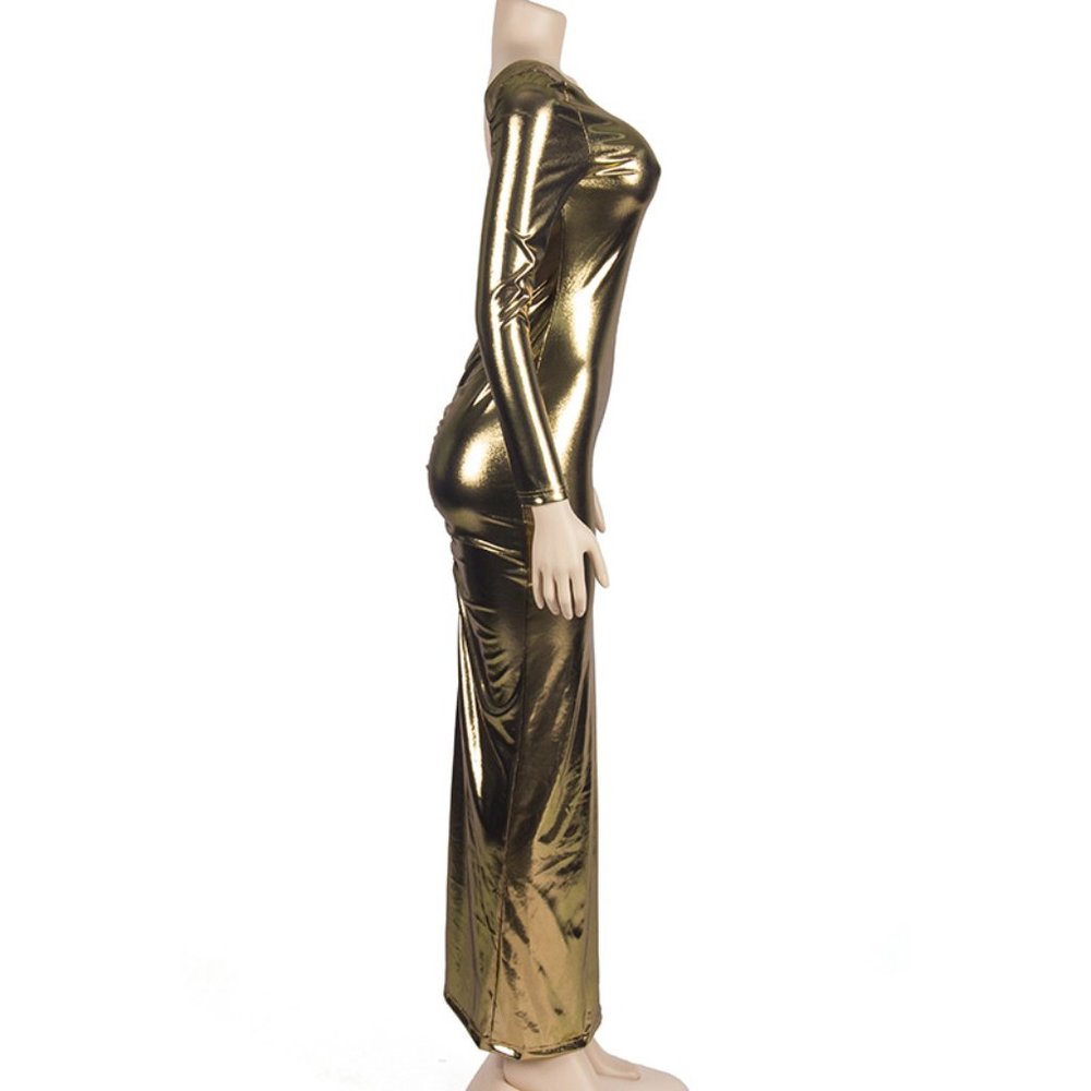 Metallia's Long Sleeve Backless Long Glossy Dress - Picture 4 of 5
